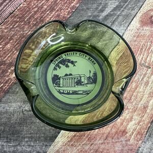 vintage MCM Green Glass Ashtray Spring Valley City Bank Advertising